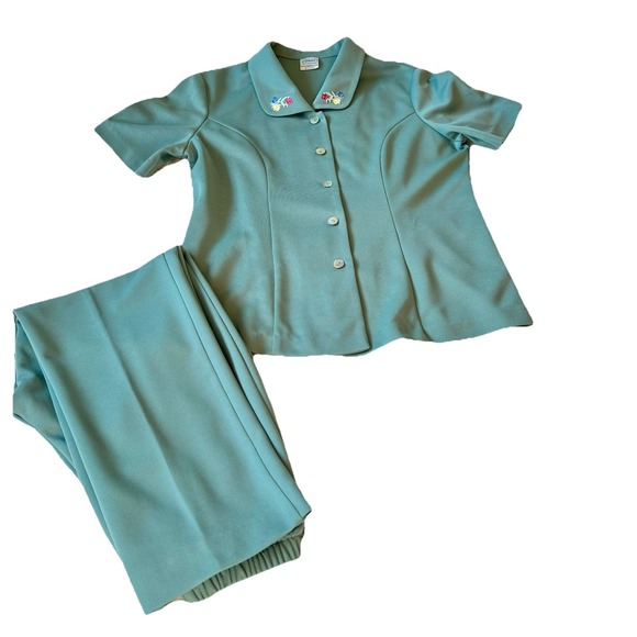 Vtg Womens Pants Suit & Shirt Sz Med Petite Sage Green Floral Button Haband! - Picture 1 of 13